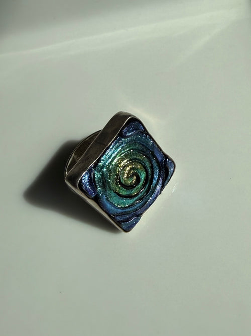 Art Glass Chunky Square Sterling Silver Ring Size 8.25