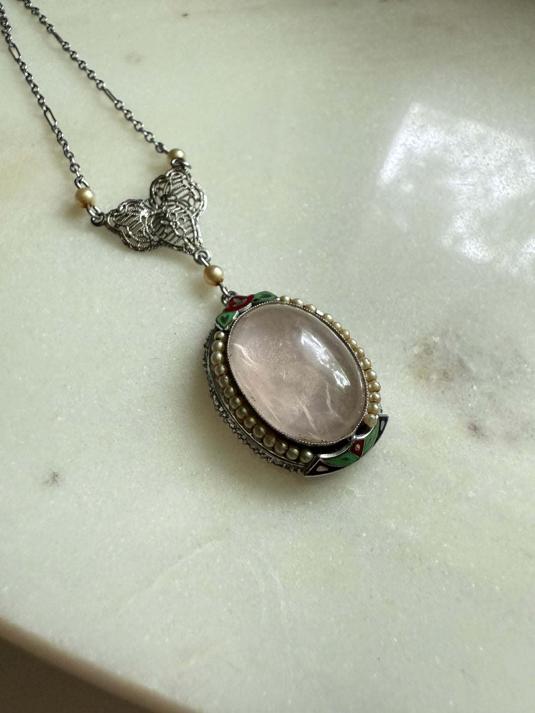 White 10k Gold Enamel Rose Quartz Seed Pearl Necklace 16”