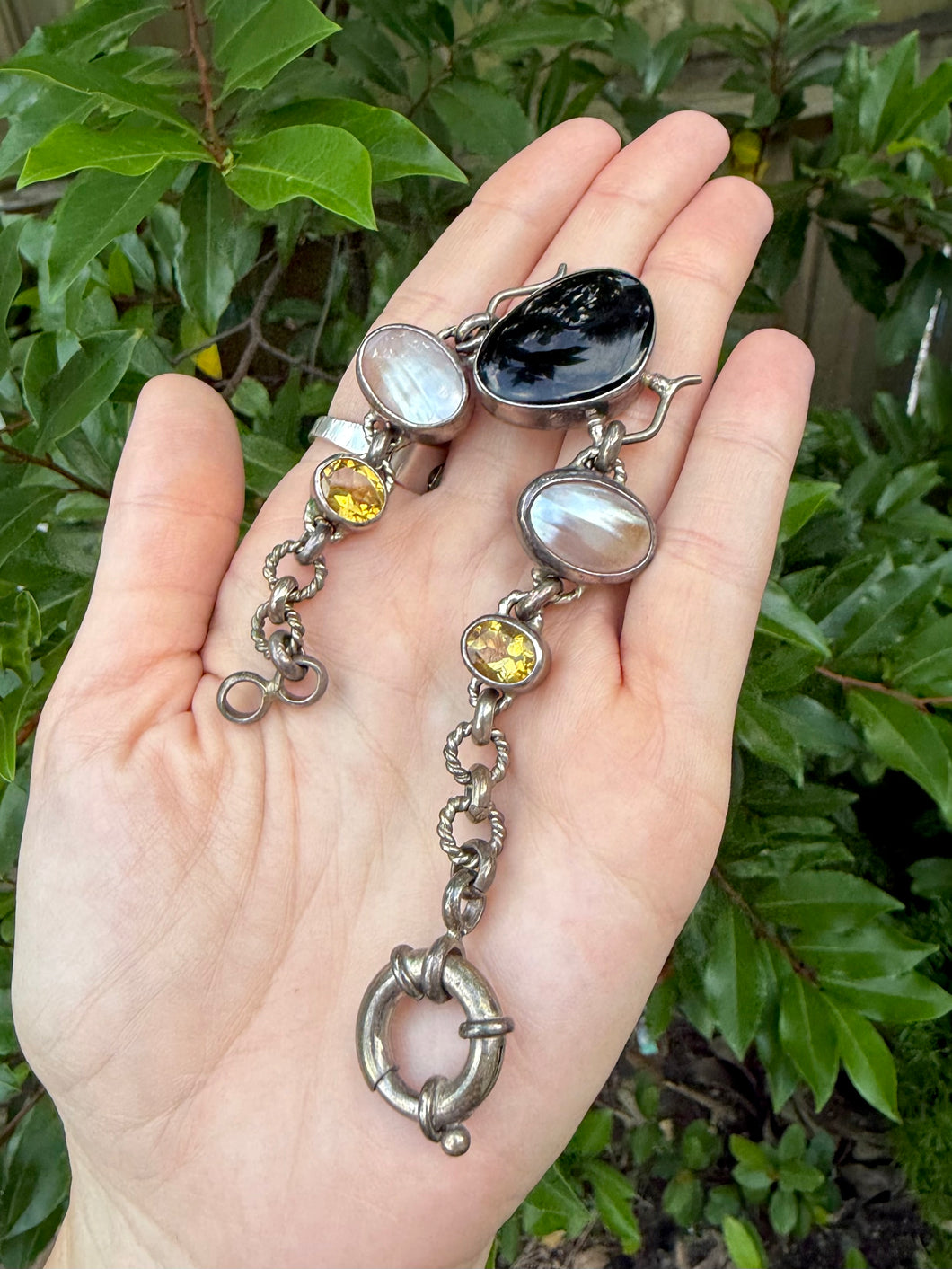 Black Onyx Pearl Citrine Sterling Silver Sailor Clasp Bracelet 7”-7.5”