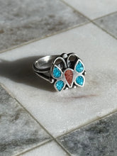 Load image into Gallery viewer, Crushed Coral &amp; Turquoise Sterling Silver Butterfly Ring Size 7.75
