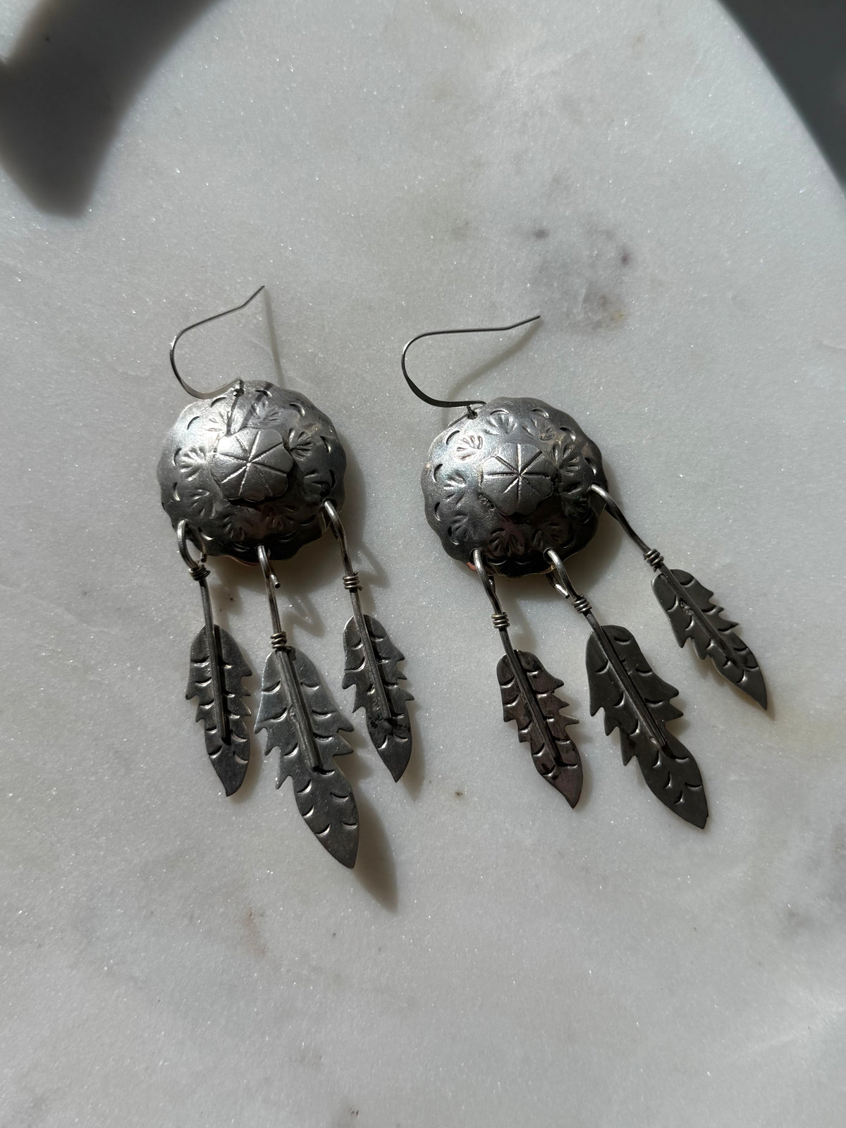 Vintage Sterling Silver Concho Feather Earrings