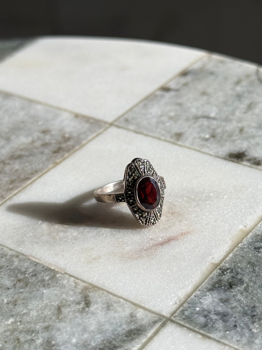 Vintage Garnet & Marcasite Sterling Silver Ring Size 5