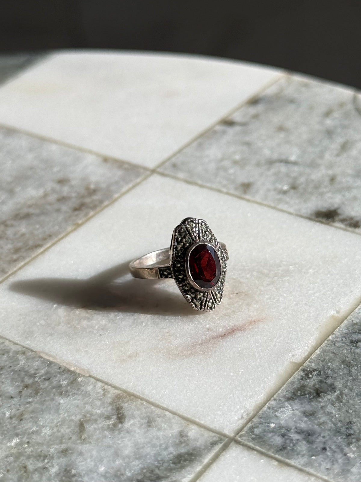 Vintage Garnet & Marcasite Sterling Silver Ring Size 5