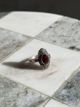 Load image into Gallery viewer, Vintage Garnet &amp; Marcasite Sterling Silver Ring Size 5
