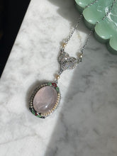 Load image into Gallery viewer, Vintage 1930s Rose Quartz Seed Pearl Enamel 10k White Gold Filigree Necklace 16”
