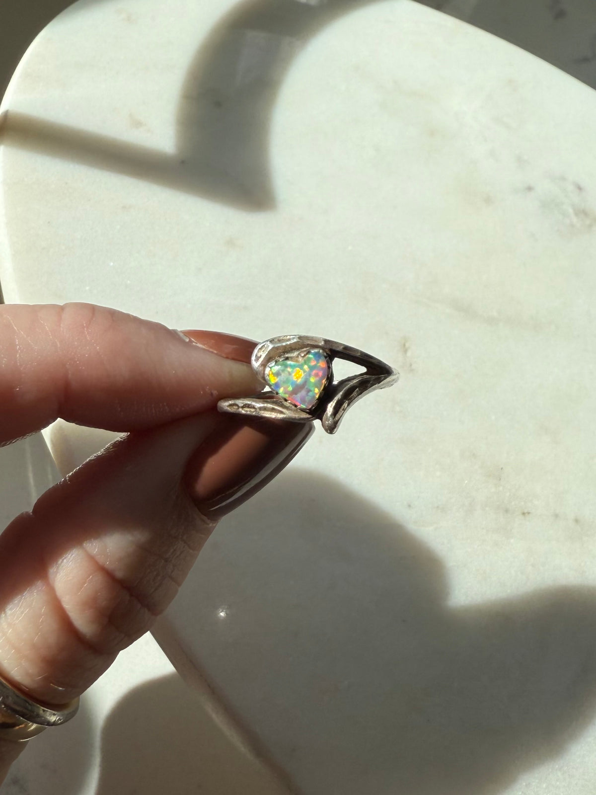 Opal Heart Sterling Silver Ring Size 6
