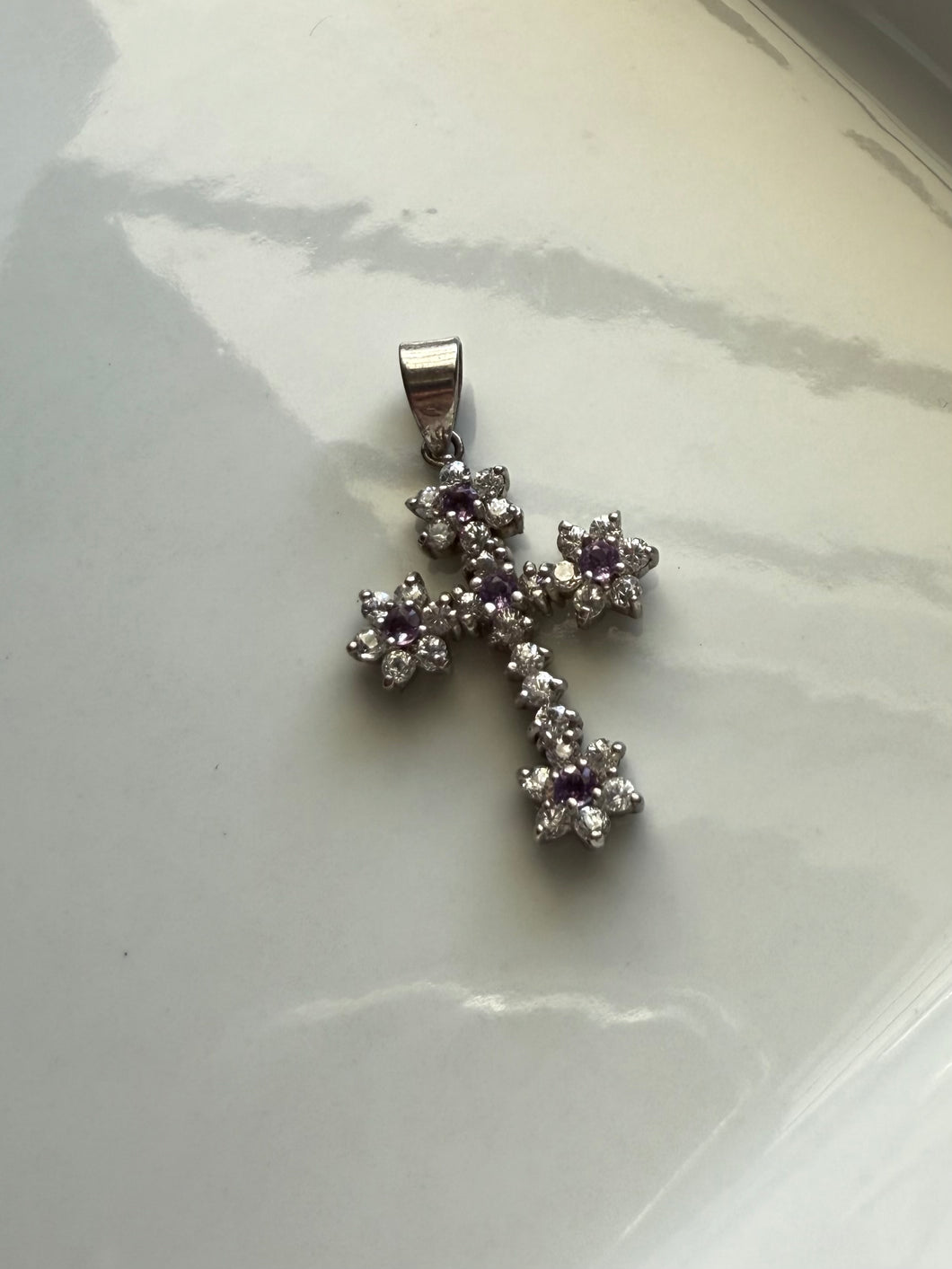 Purple Flower Cross Sterling Silver Pendant