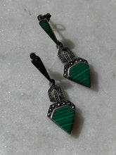 Load image into Gallery viewer, Malachite &amp; Marcasite Sterling Silver Earrings
