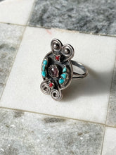 Load image into Gallery viewer, Taxco Sterling Silver Turquoise Amethyst Coral Ring Size 10.75
