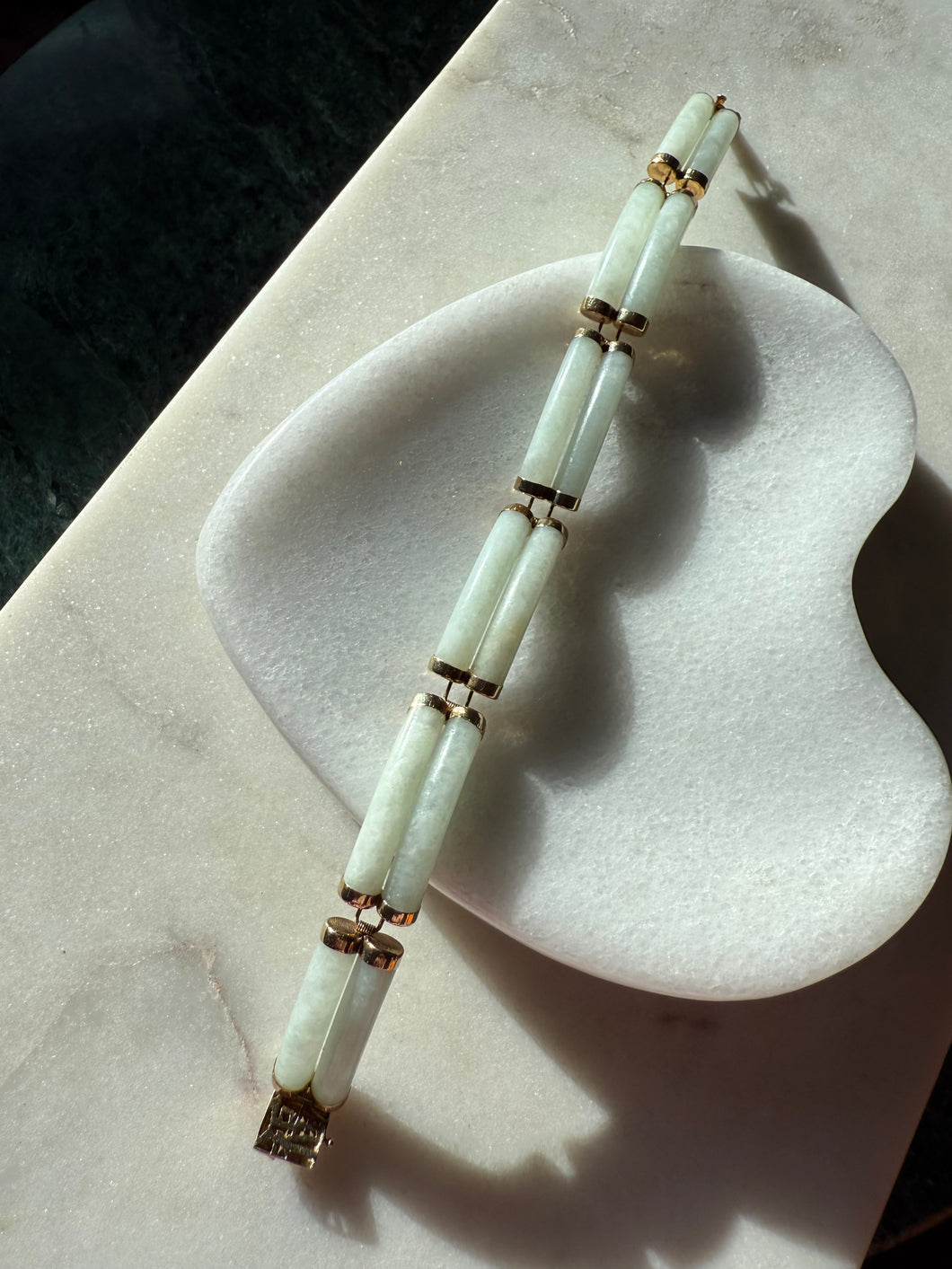 Green Jade Double Row 14k Gold Bracelet 7”