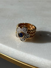 Load image into Gallery viewer, Gold Vermeil Blue Sapphire CZ Flower Ring Size 4.75

