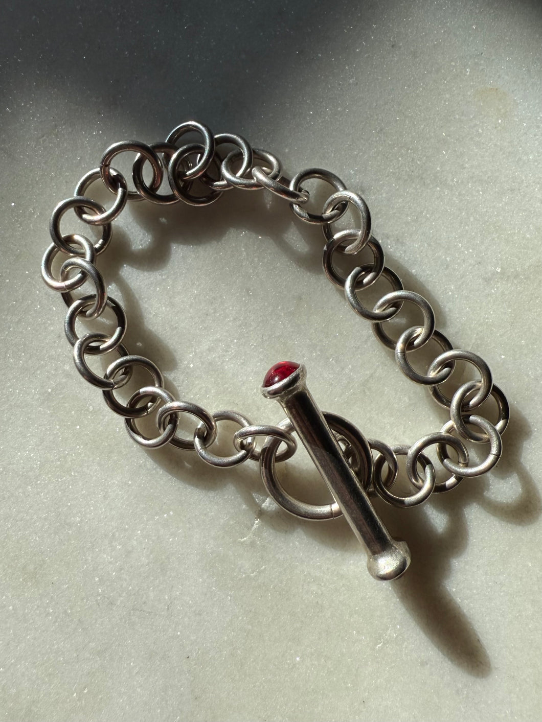 Cabochon Toggle Clasp Sterling Silver Cable Link Bracelet 8”
