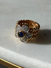 Load image into Gallery viewer, Gold Vermeil Blue Sapphire CZ Flower Ring Size 4.75
