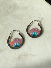 Load image into Gallery viewer, 1970s Pink Enamel Flower Sterling Silver Hoop Earrings
