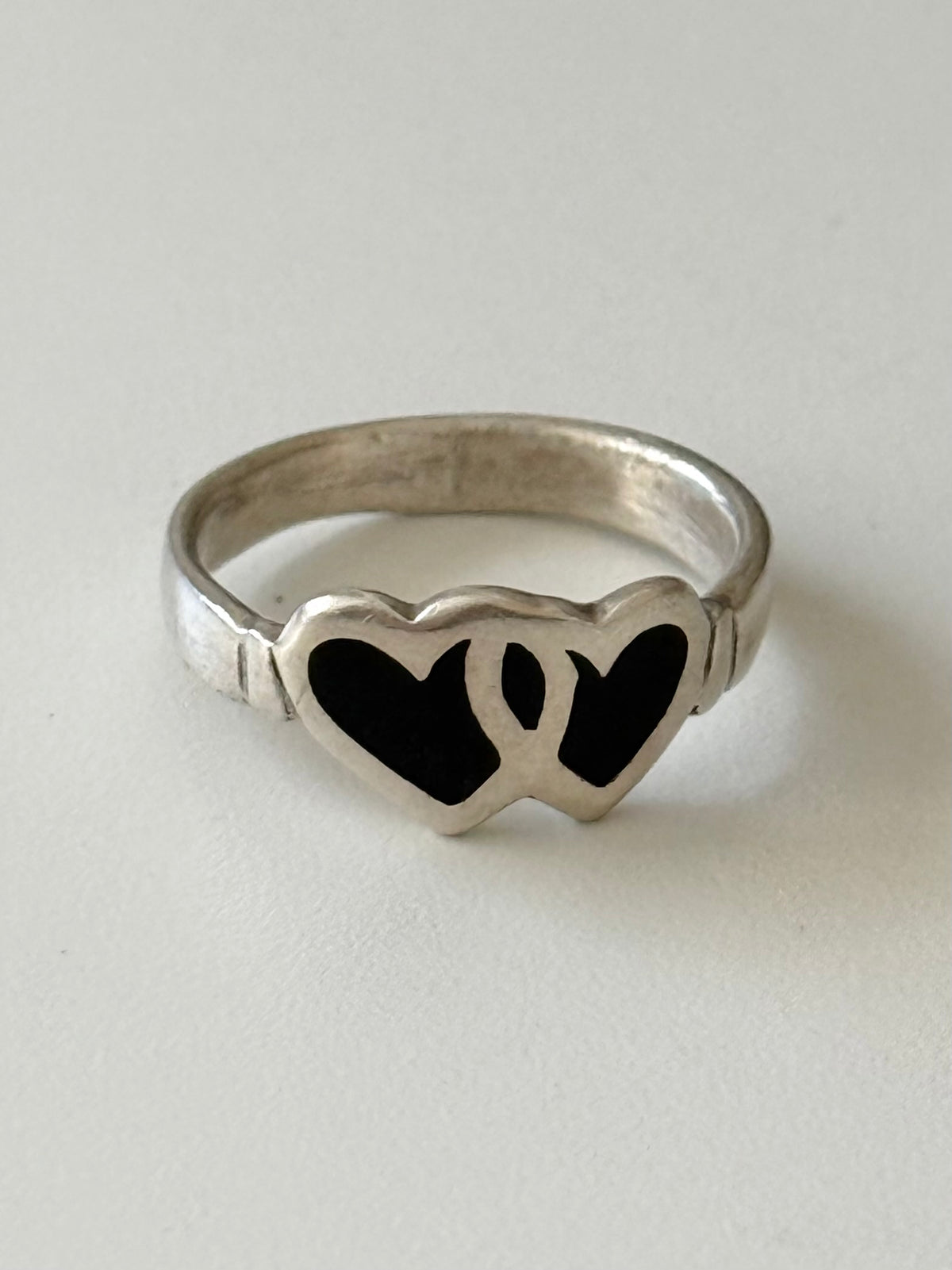 Black Enamel Double Heart Sterling Silver Ring Size 5.25