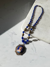 Load image into Gallery viewer, Victorian Czech Glass Bead &amp; Brass Filigree Enamel Portrait Locket Necklace 19”
