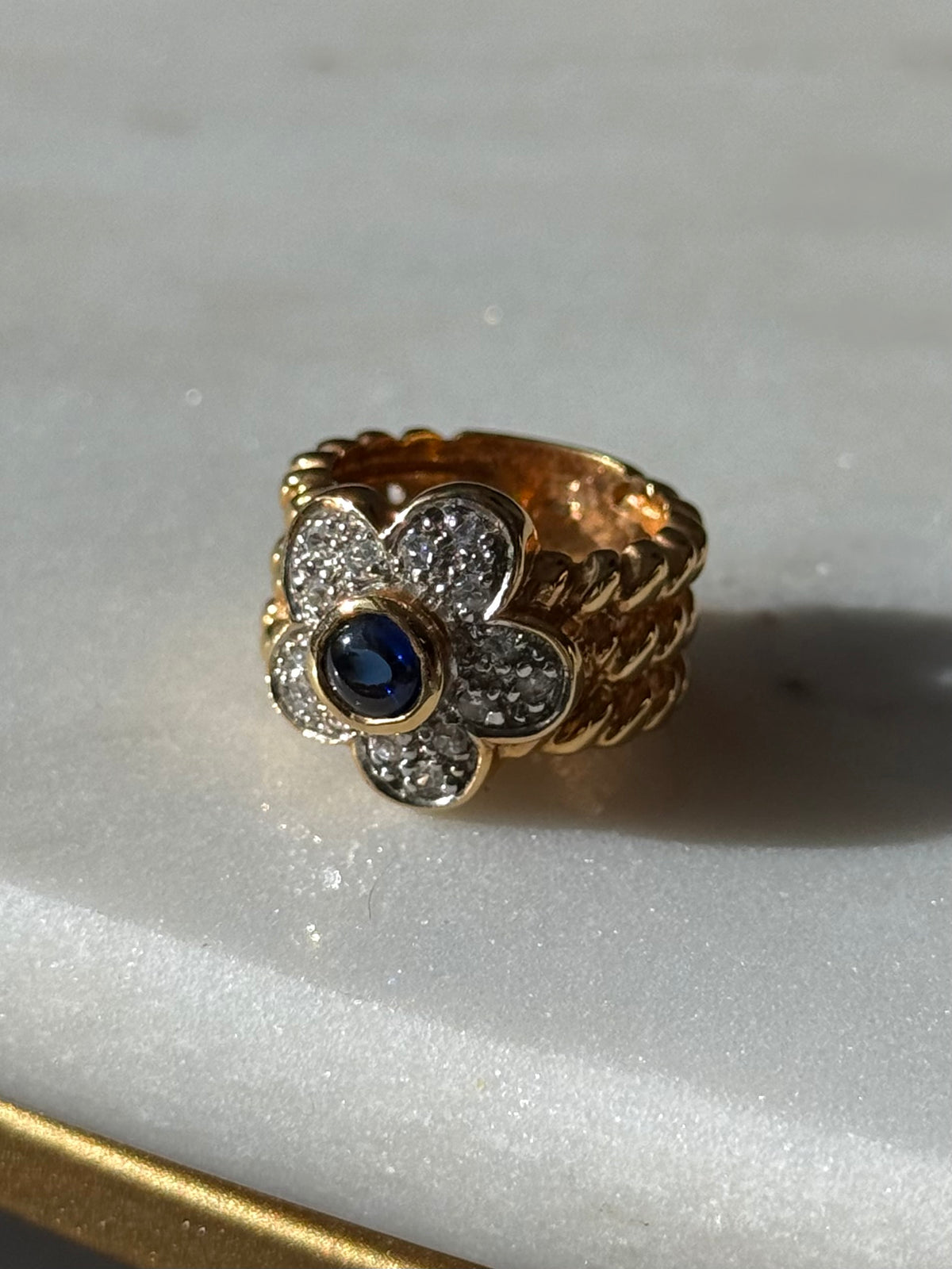 Gold Vermeil Blue Sapphire CZ Flower Ring Size 4.75
