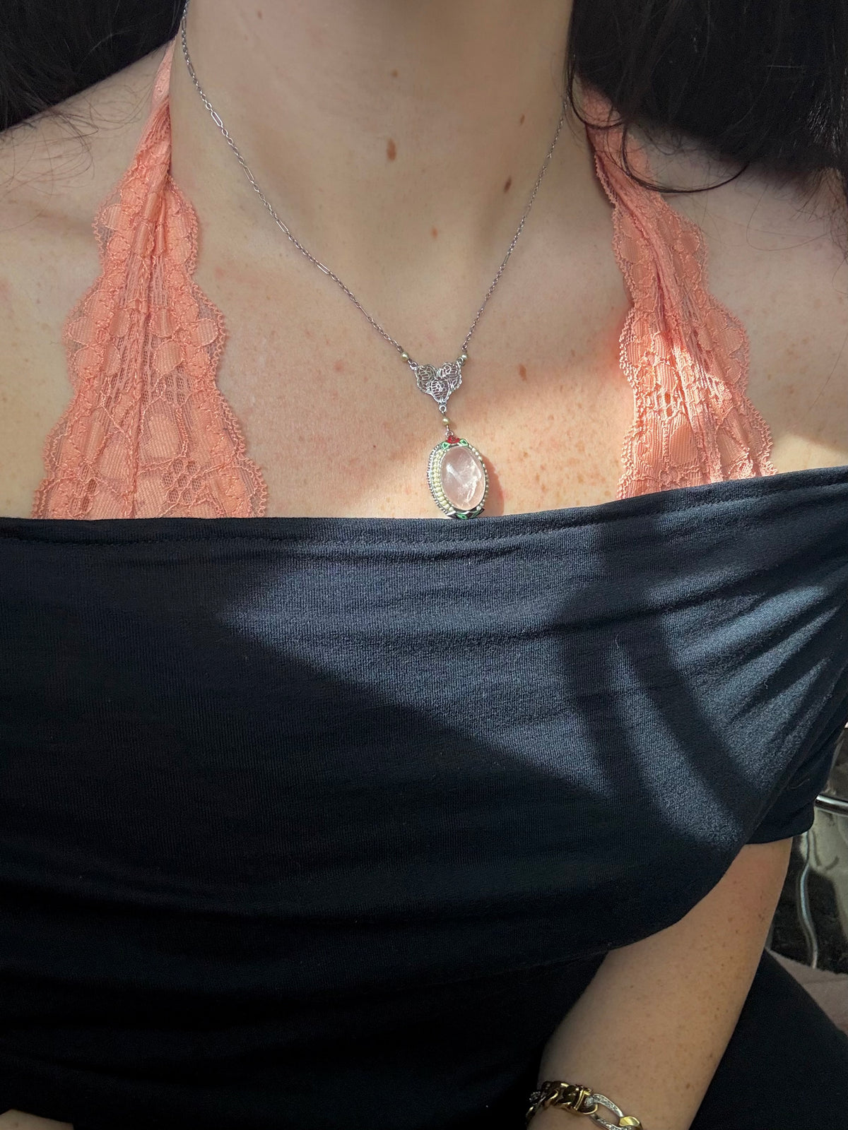 Vintage 1930s Rose Quartz Seed Pearl Enamel 10k White Gold Filigree Necklace 16”
