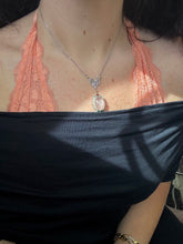 Load image into Gallery viewer, Vintage 1930s Rose Quartz Seed Pearl Enamel 10k White Gold Filigree Necklace 16”
