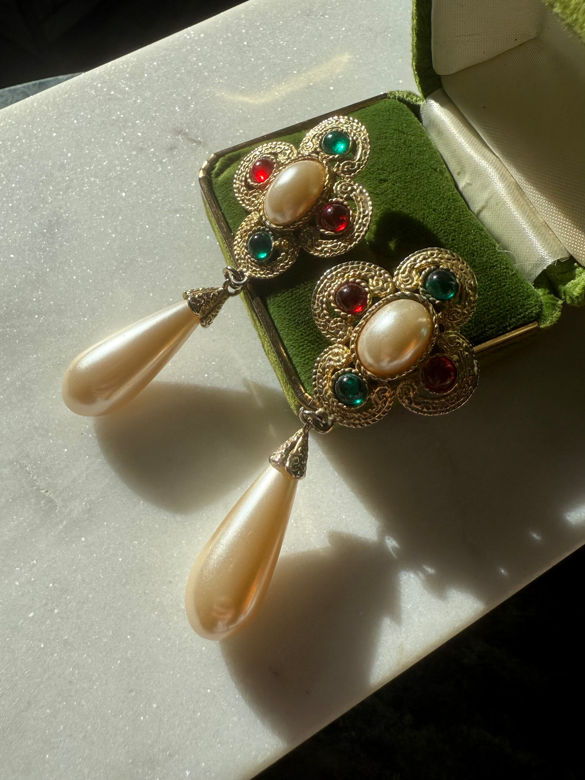 Vintage Pearl Drop Cabochon Gold Plated Earrings