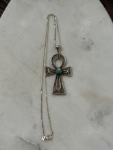 Load image into Gallery viewer, Ankh Turquoise Sterling Vintage Large Pendant Necklace 17.75”
