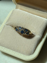 Load image into Gallery viewer, Antique Blue Sapphire &amp; Diamond 18k Gold Ring Size 6.75
