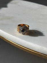 Load image into Gallery viewer, Gold Vermeil Blue Sapphire CZ Flower Ring Size 4.75
