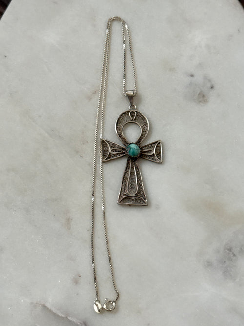 Ankh Turquoise Sterling Vintage Large Pendant Necklace 17.75”