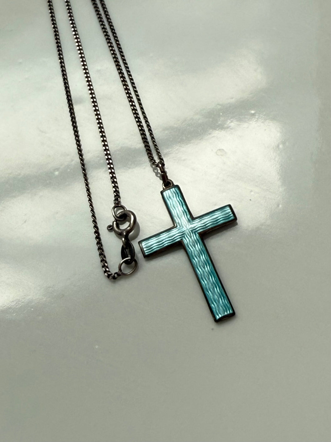 Guilloche Blue Enamel Sterling Silver Cross Necklace