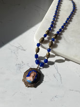 Load image into Gallery viewer, Victorian Czech Glass Bead &amp; Brass Filigree Enamel Portrait Locket Necklace 19”
