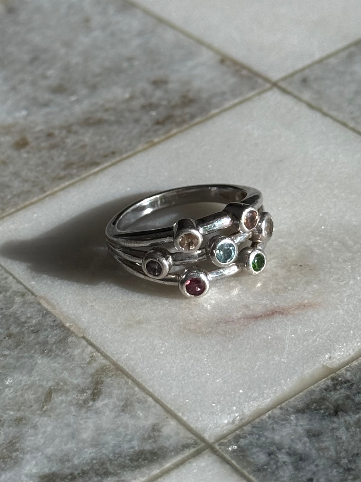 Multicolor Bezel Set Sterling Silver Ring Size 9
