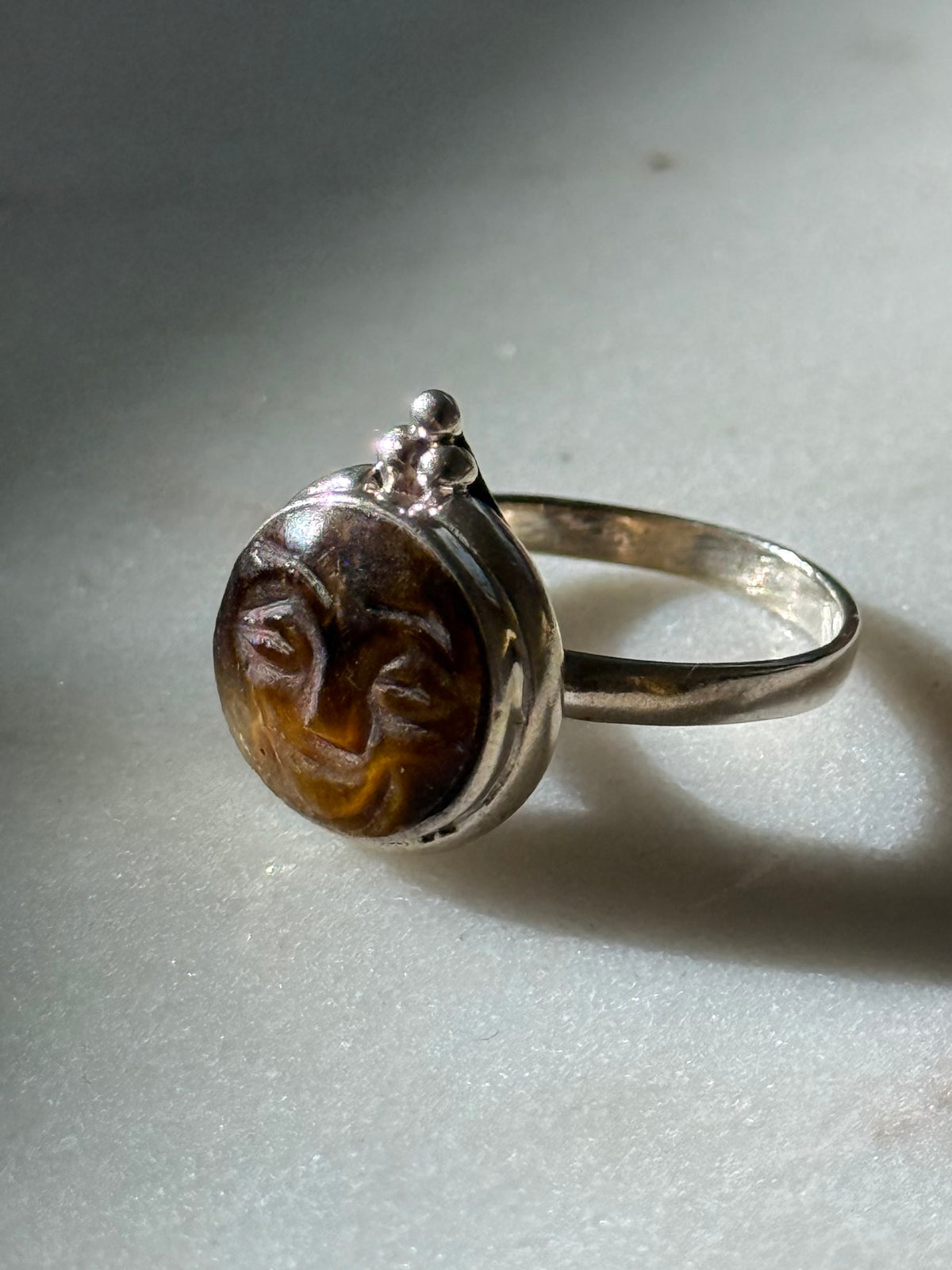 Moonface Tigers Eye Sterling Silver Ring Size 7.75