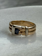 Load image into Gallery viewer, Vintage Solid 14k Gold Blue Sapphire Buckle Ring Size 6
