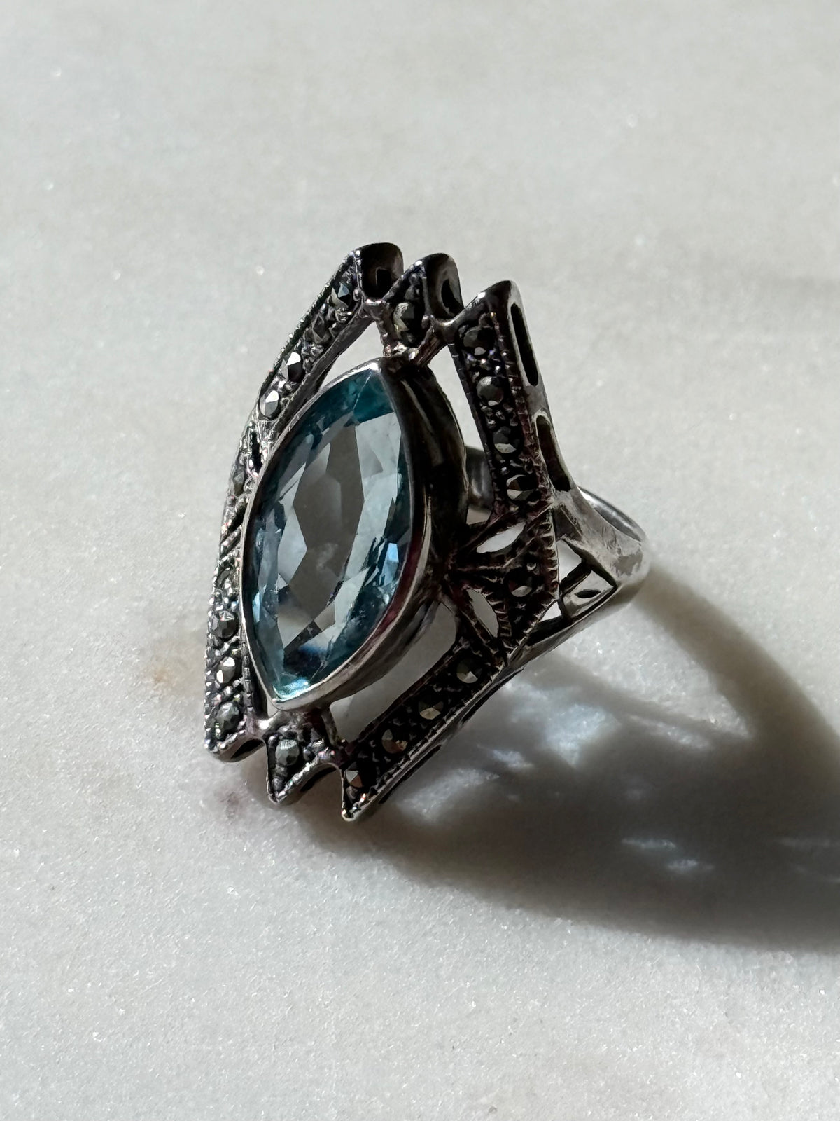 Vintage Blue Topaz & Marcasite Sterling Silver Ring Size 7.25