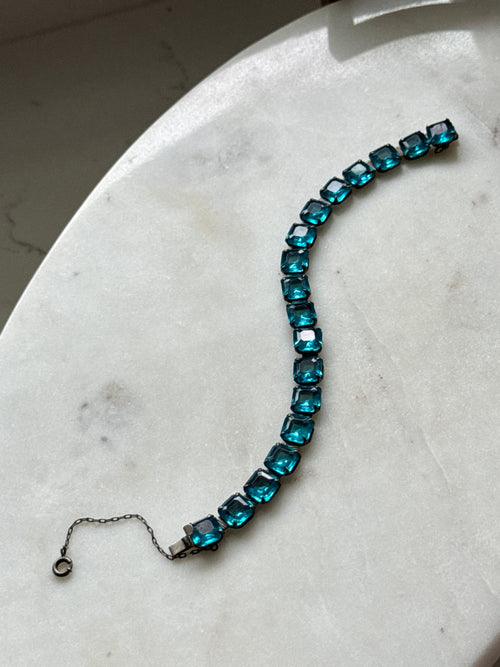 Antique 1920s Sterling Silver Blue Bracelet 6.75”