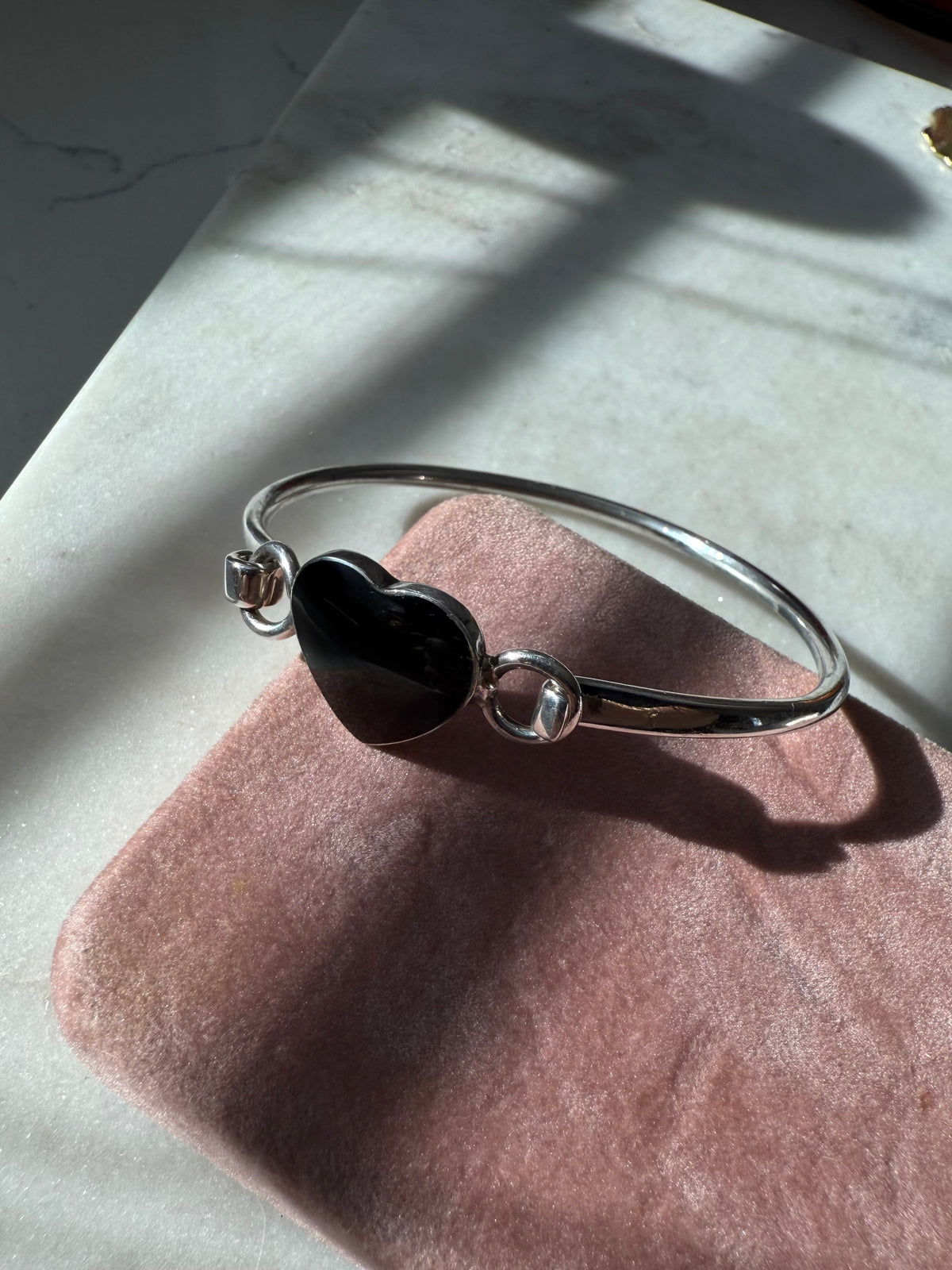 Black Onyx Sterling Silver Heart Bangle Bracelet 7”