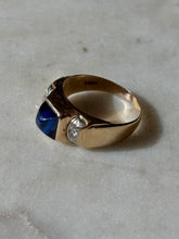 Load image into Gallery viewer, Vintage Blue Sapphire Sugarloaf &amp; Diamond Cabochon 14k Gold Ring Size 7.5
