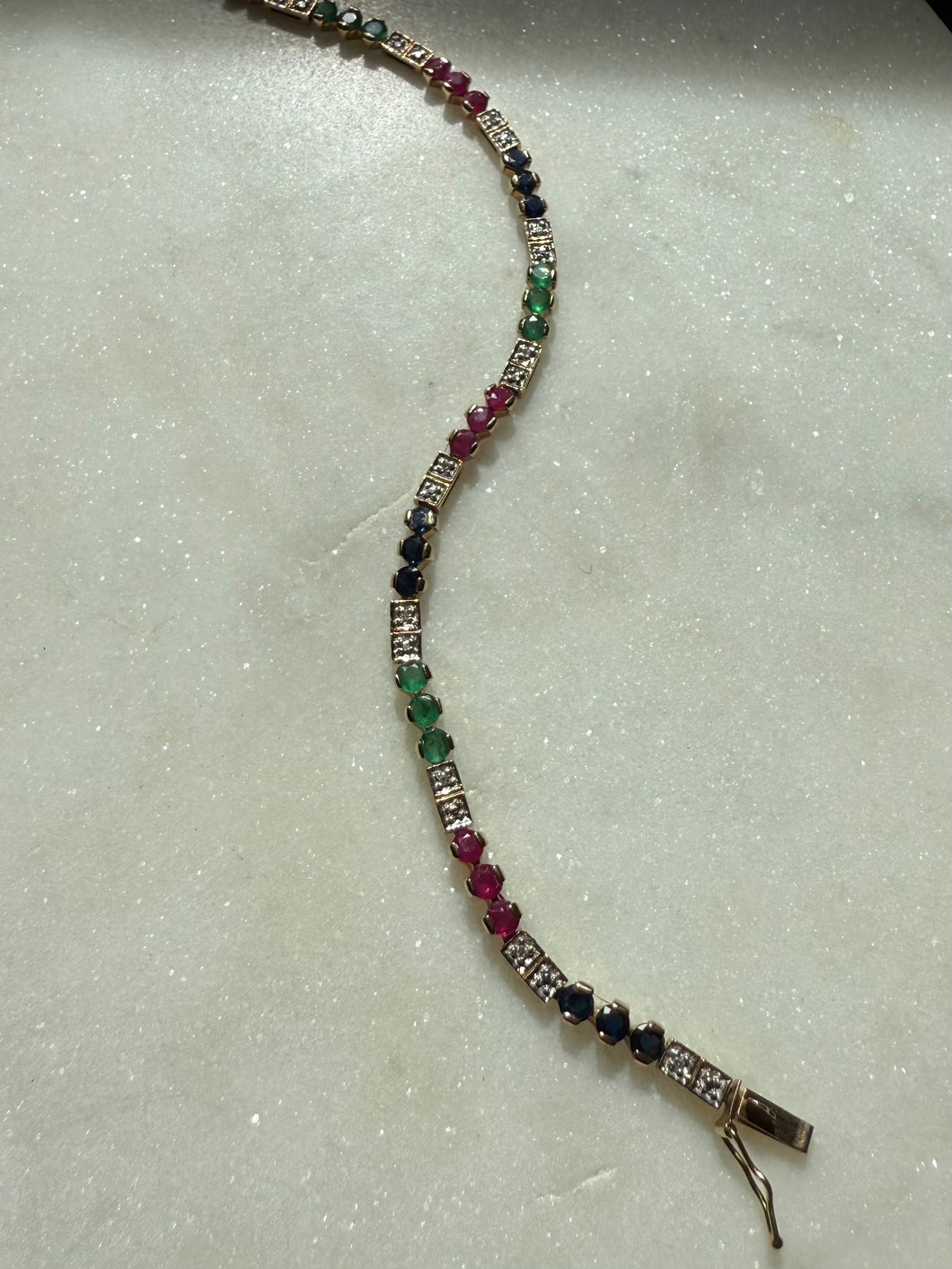 Ruby Emerald Blue Sapphire Diamond 10k Gold Bracelet 7”