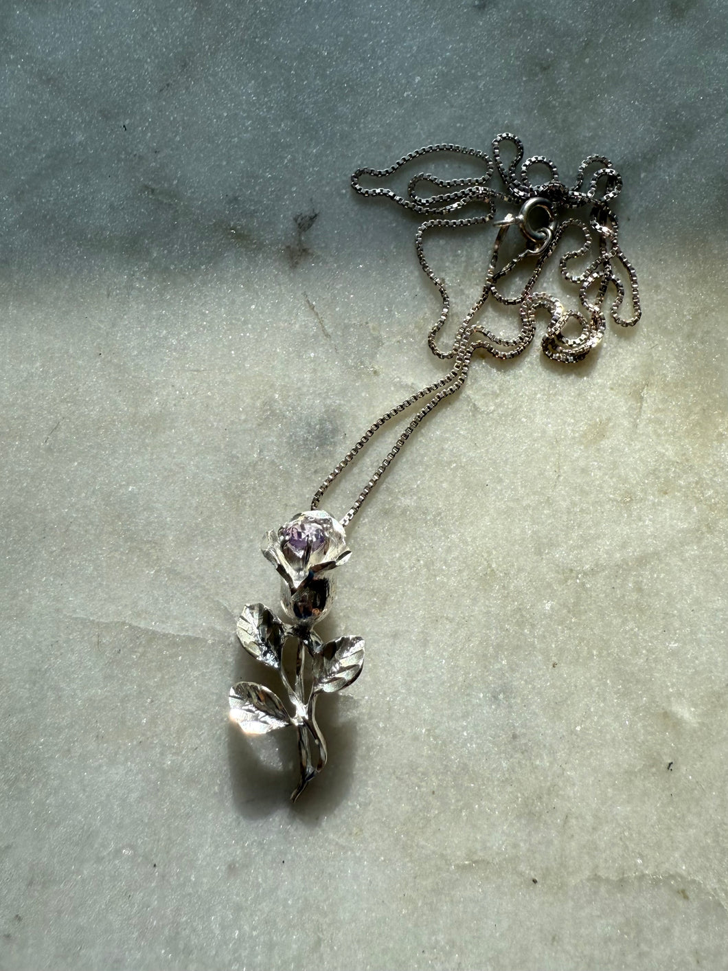 Vintage Purple Rose Sterling Silver Necklace 20”