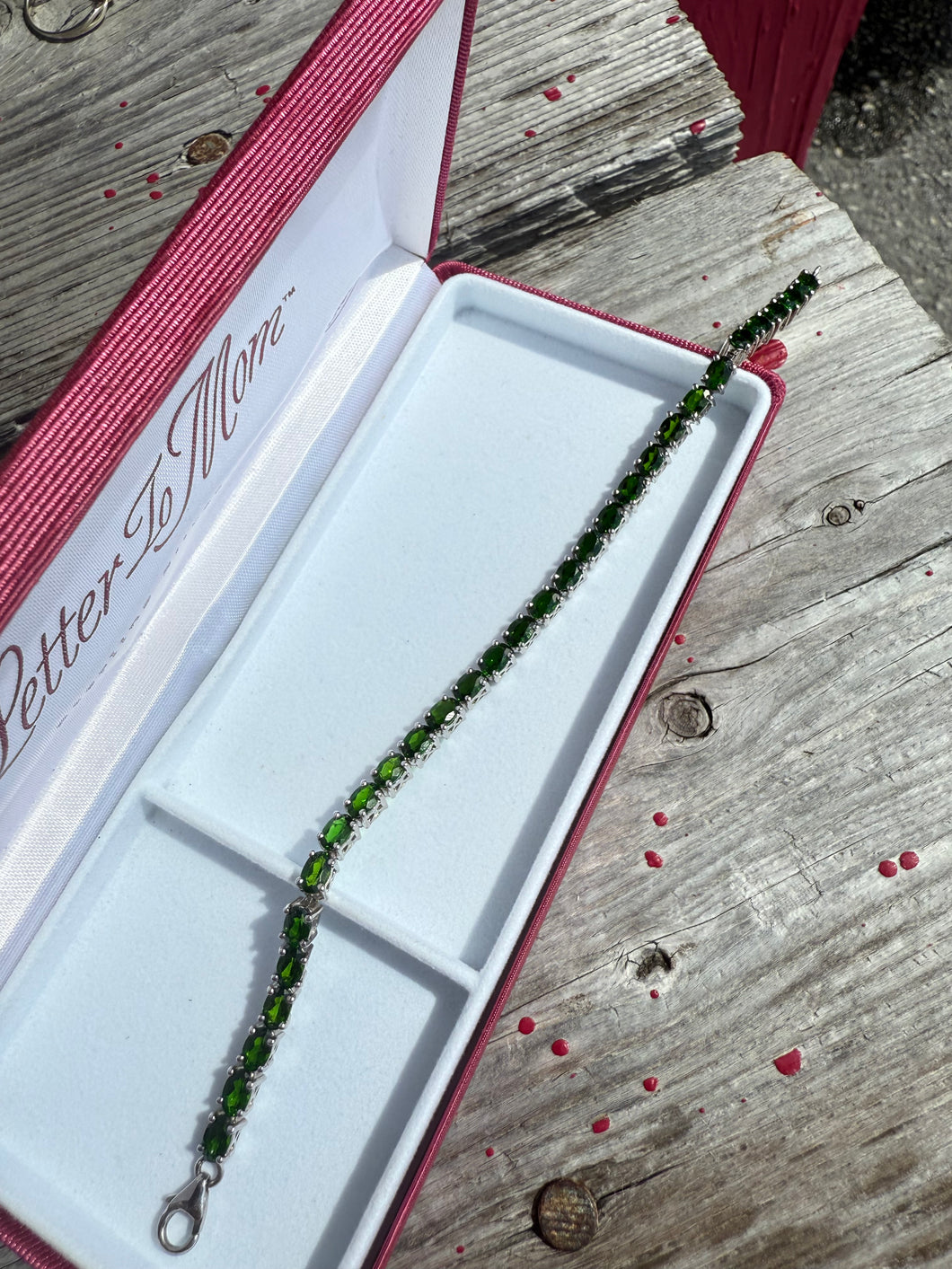 Green Glass Sterling Silver Tennis Bracelet 7.5”