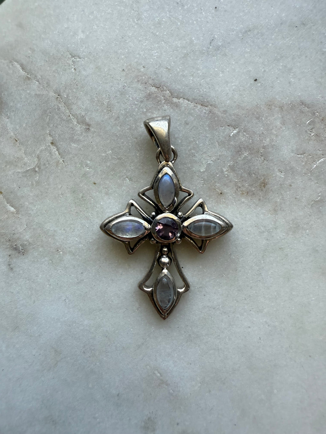 Moonstone Amethyst Sterling Cross Pendant