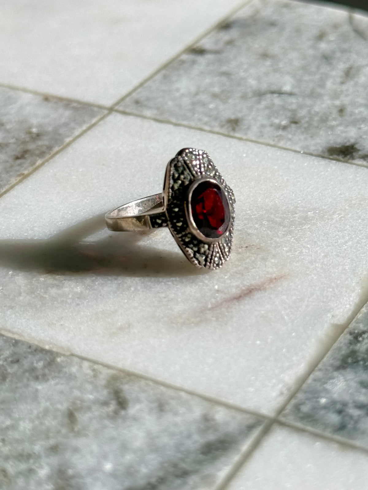 Vintage Garnet & Marcasite Sterling Silver Ring Size 5