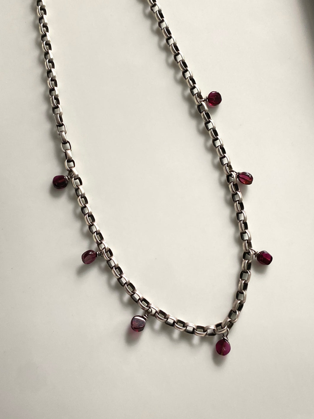 Rolo Link Garnet Charm Vintage Sterling Silver Necklace