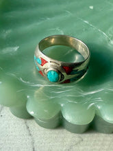 Load image into Gallery viewer, Crushed Turquoise &amp; Coral Inlay Sterling Ring 8.25

