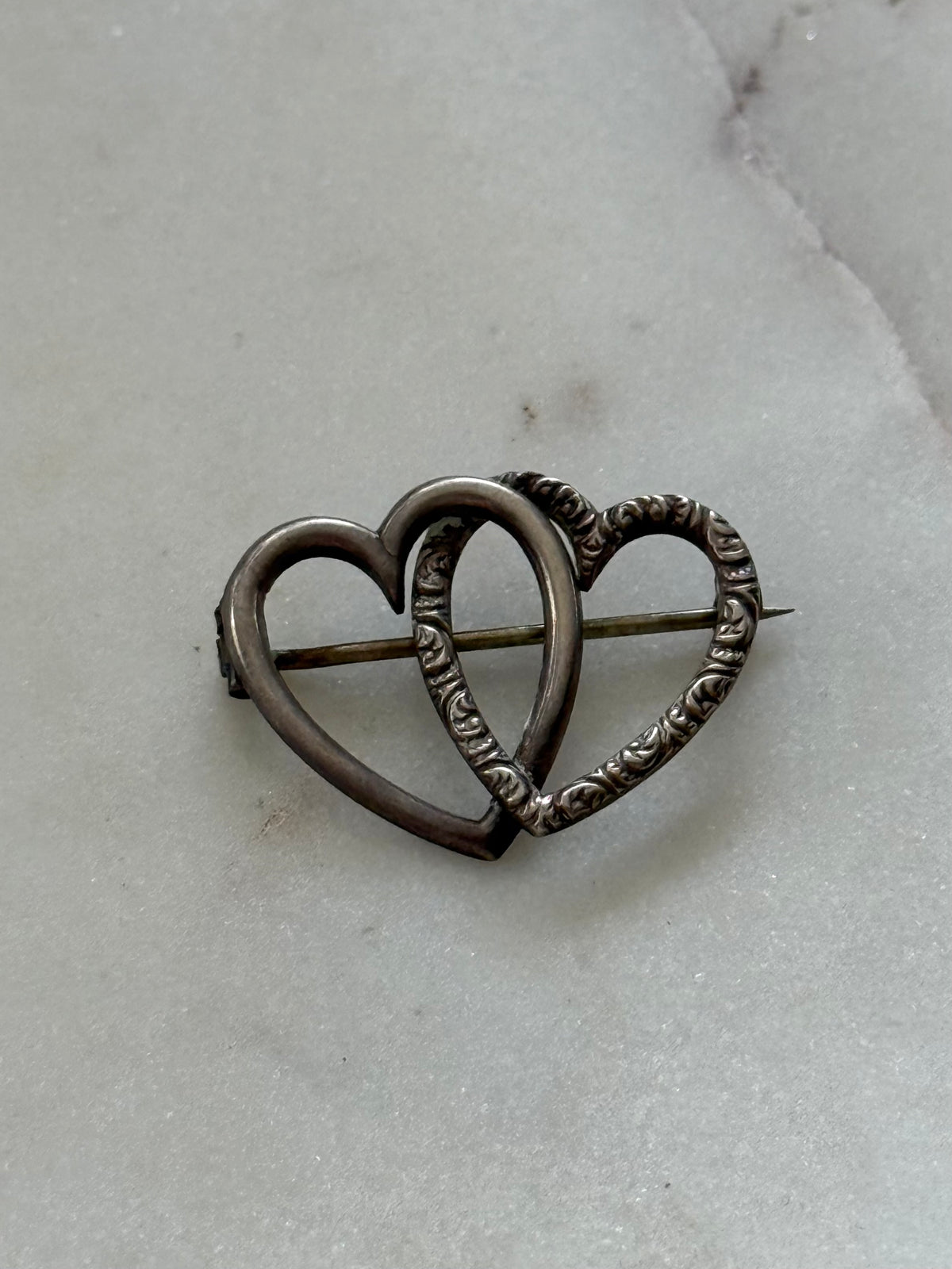 Antique Double Heart Sterling Brooch