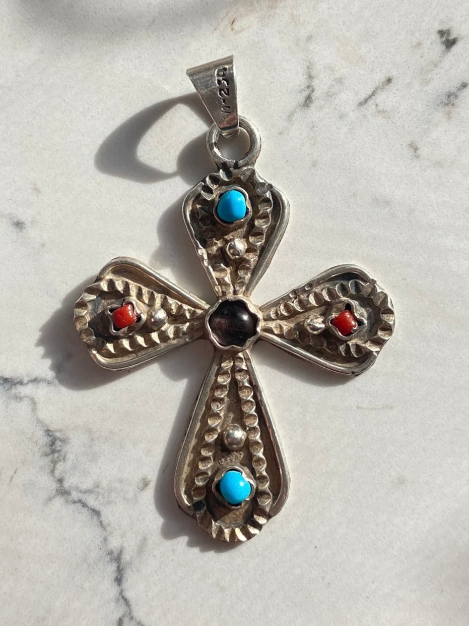 Sterling Silver Turquoise Coral Amethyst Vintage Chunky Cross Pendant