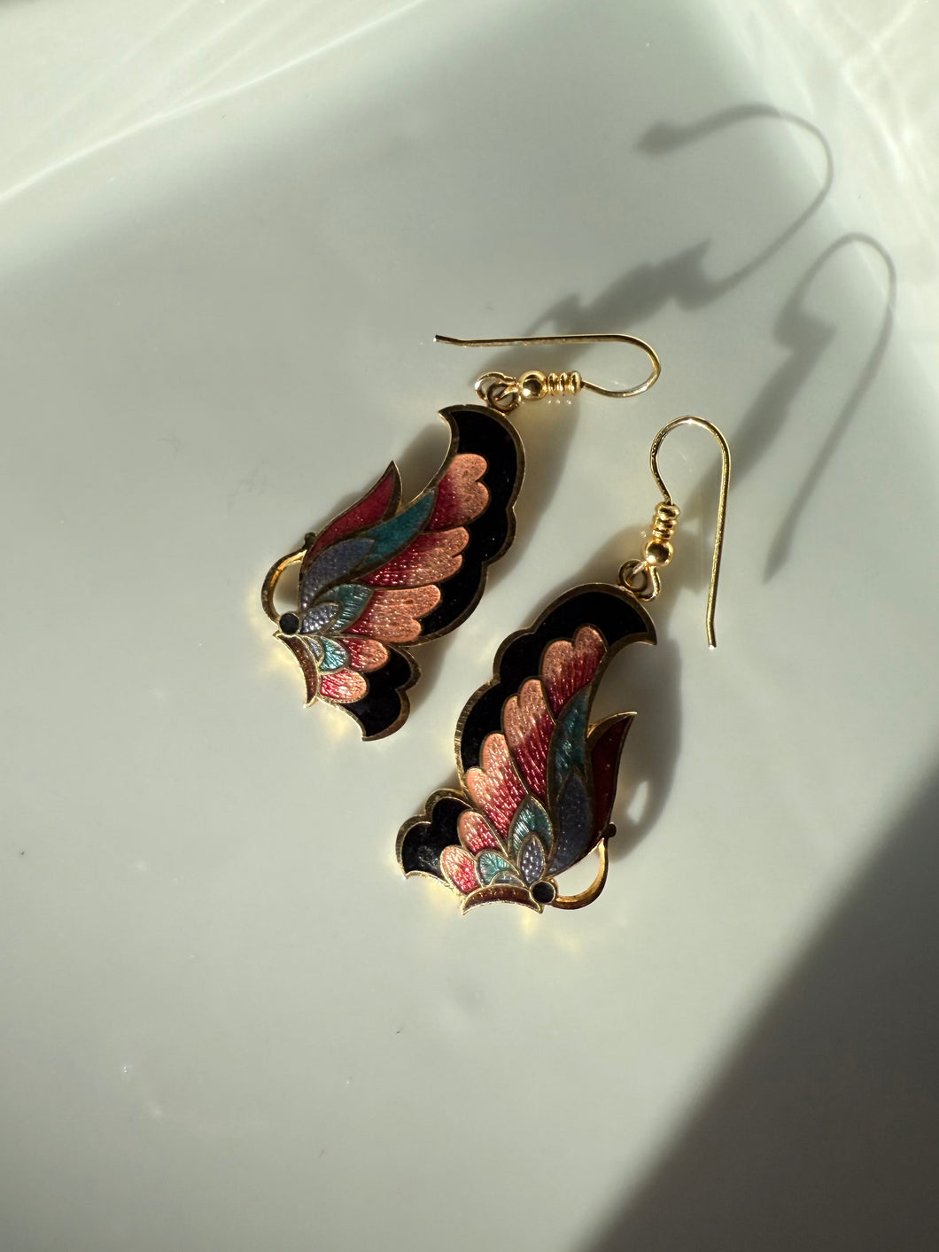 Vintage Pink Black Cloisonné Enamel Butterfly Gold Plated Earrings