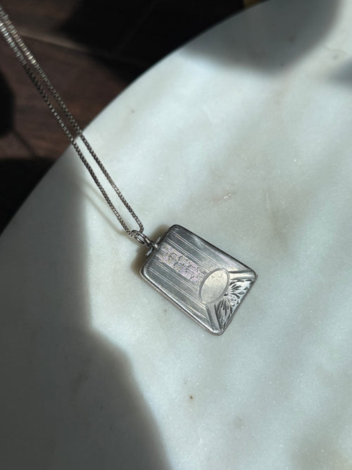 Antique Etched Locket Sterling Silver Necklace 19.5”
