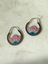 Load image into Gallery viewer, 1970s Pink Enamel Flower Sterling Silver Hoop Earrings
