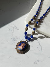 Load image into Gallery viewer, Victorian Czech Glass Bead &amp; Brass Filigree Enamel Portrait Locket Necklace 19”
